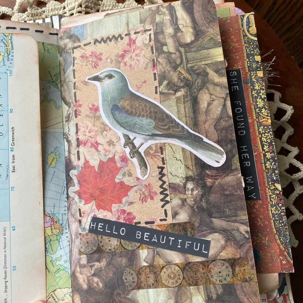 NWT Vintage Hand Crafted Mixed Media Lady & Birds Art in Green and Brown